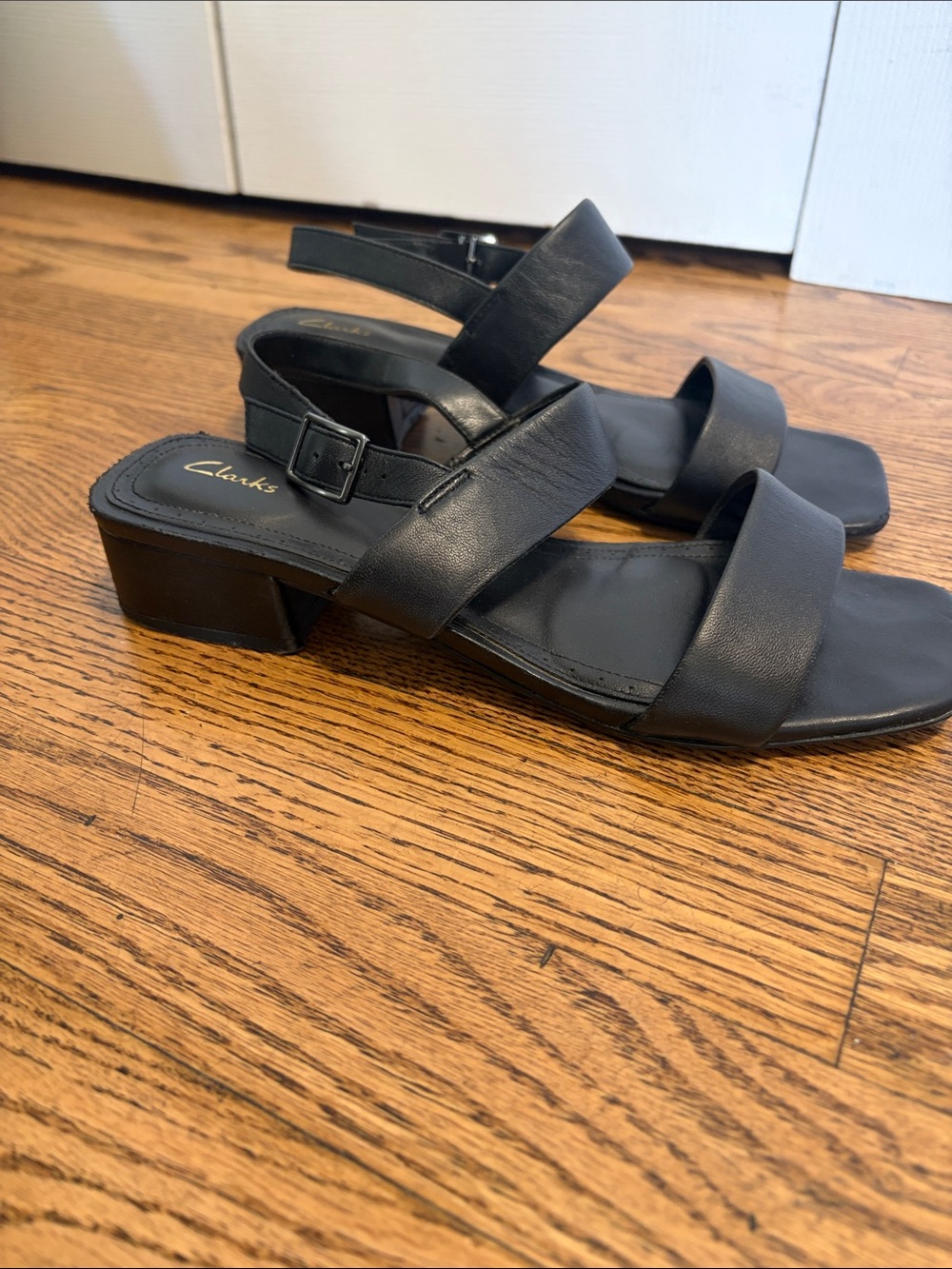 Clarks Black Leather Double Strap Block Heel Sandals